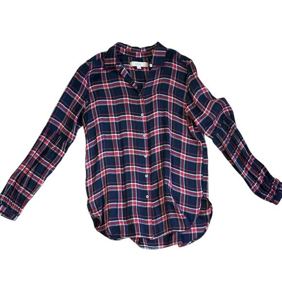 LOFT Size X-Small Plaid Button Down Blouse Long Sleeve Collar Tunic Length - Picture 1 of 11